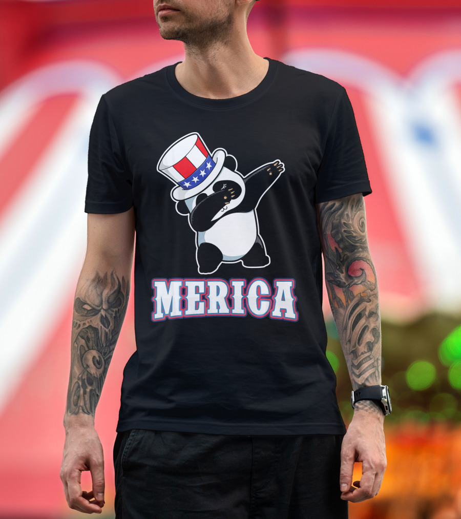 Merica Dabbing Panda in American Flag Top Hat T-Shirt