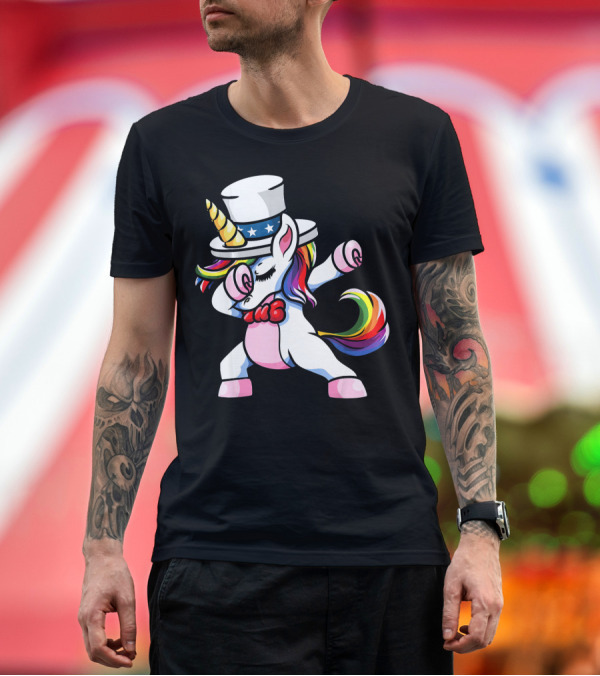 Premium T-Shirt: Girls Dabbing Unicorn with Patriotic American Hat T-Shirt Girls Dabbing Unicorn with Patriotic American Hat T-Shirt
