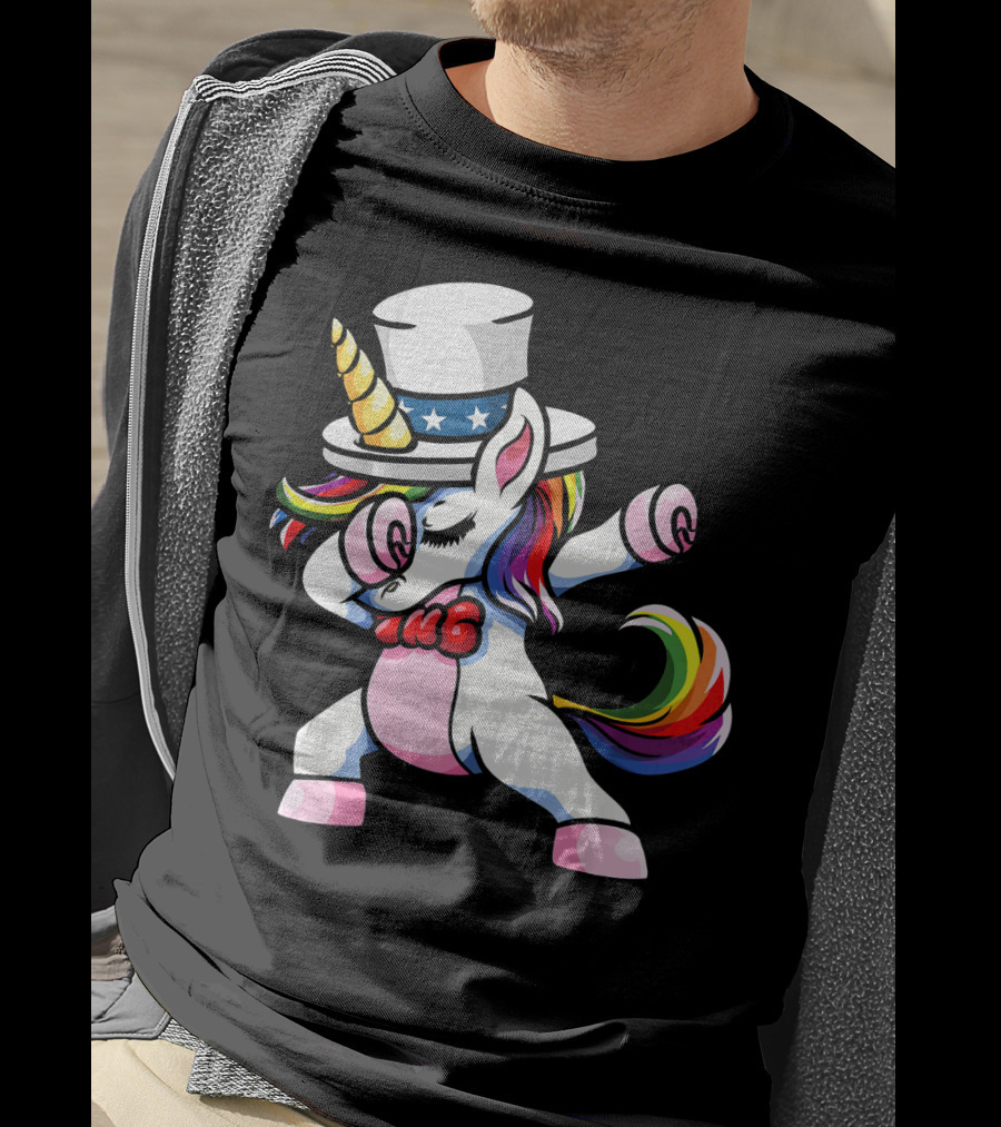 Girls Dabbing Unicorn With Patriotic American Hat T-Shirt