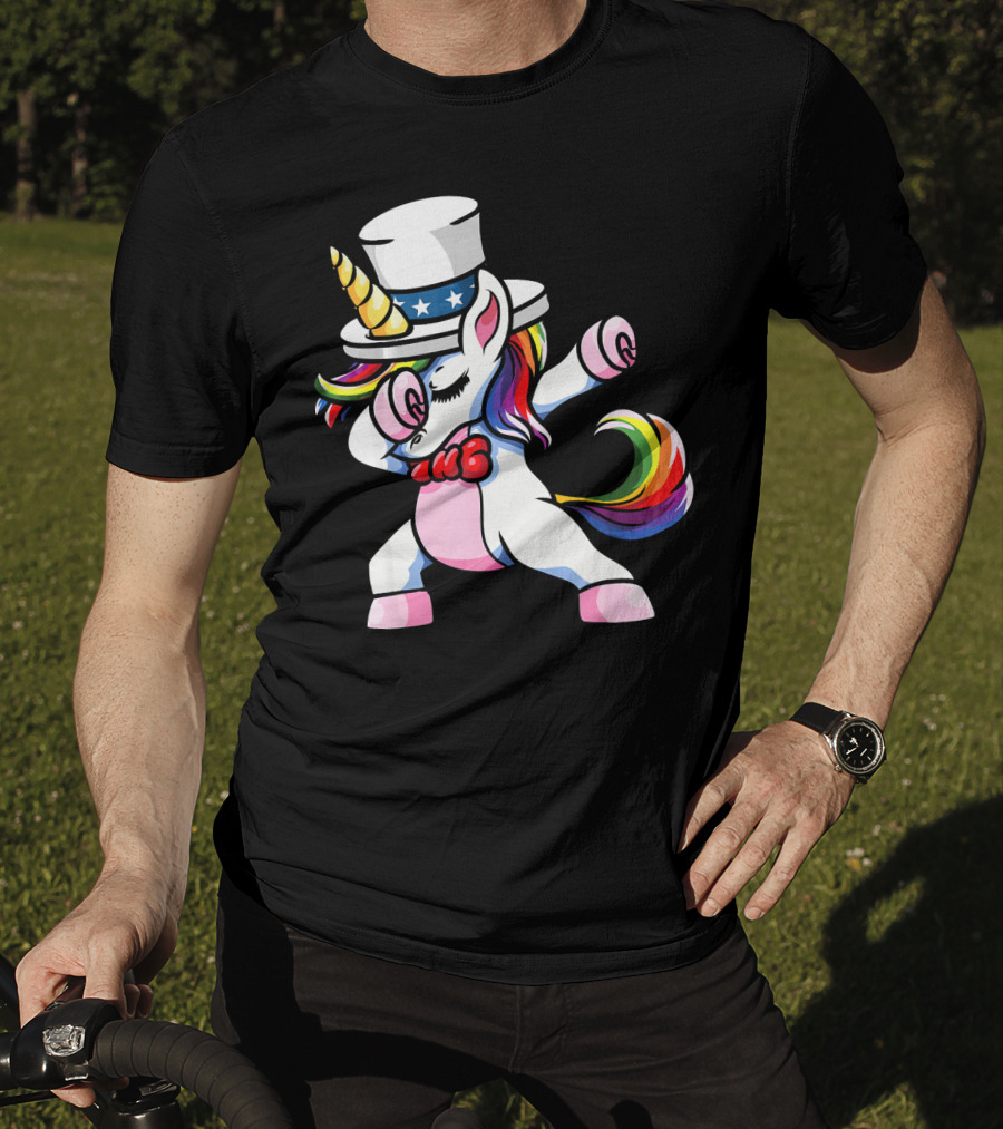 Girls Dabbing Unicorn With Patriotic American Hat T-Shirt