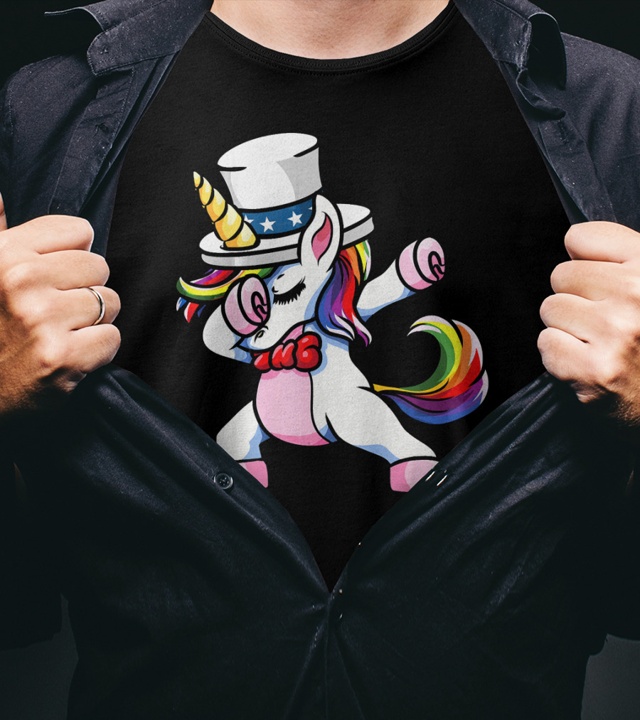 Girls Dabbing Unicorn With Patriotic American Hat T-Shirt