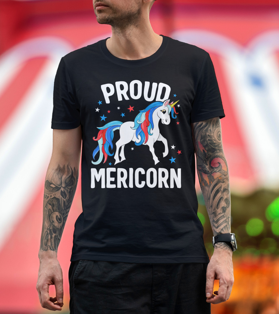 Proud Mericorn Kids Unicorn Red White Blue Stars 4th of July T-Shirt