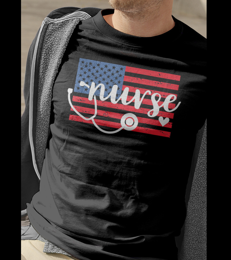 Nurse American Flag With Stethoscope And Heart T-Shirt