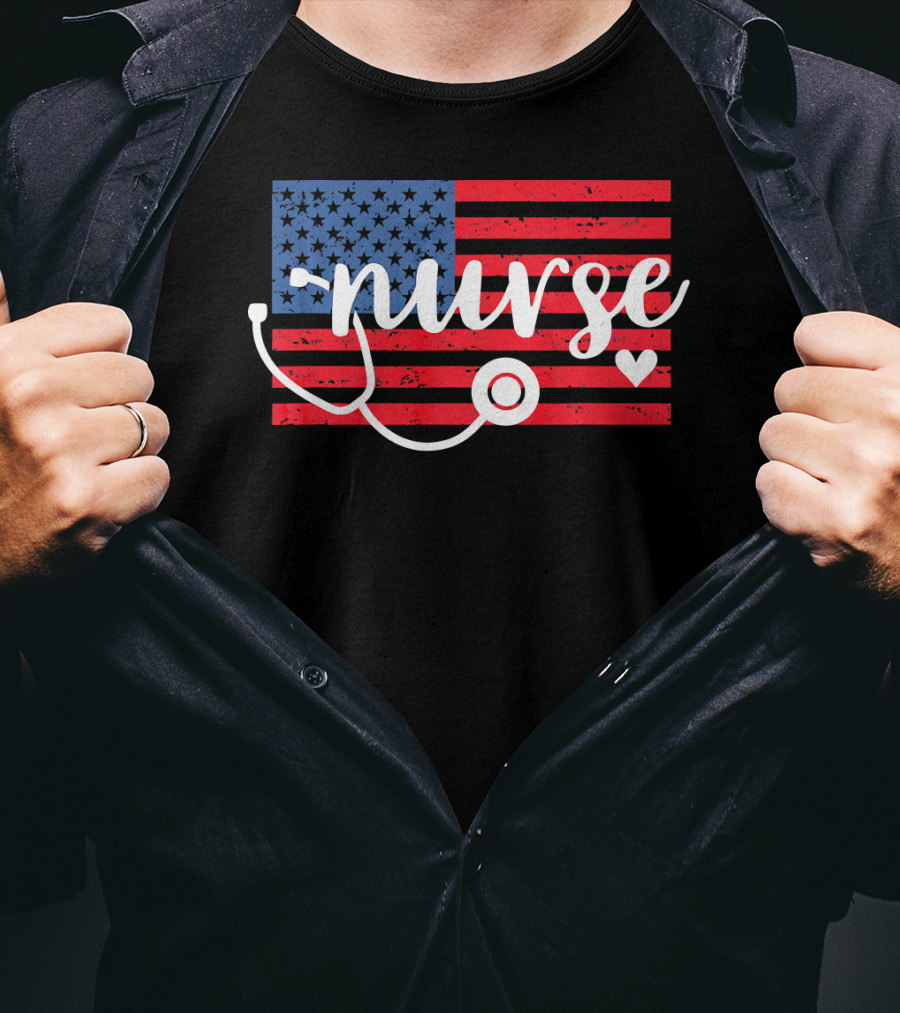Nurse American Flag With Stethoscope And Heart T-Shirt