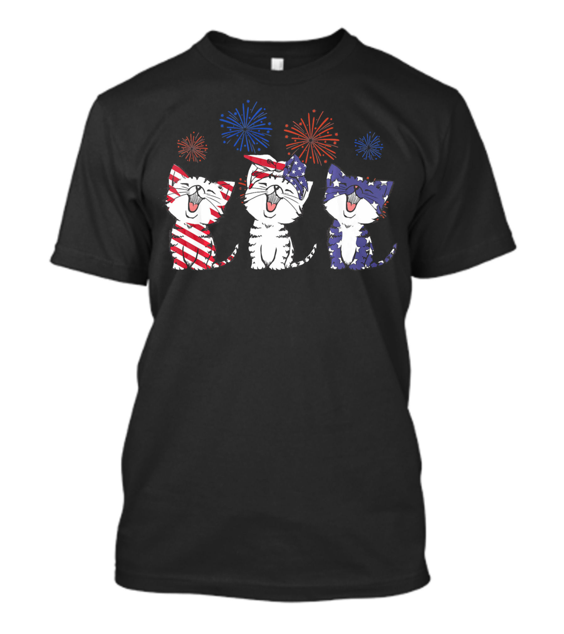 Red White Blue Cats America Celebration Fireworks T-Shirt
