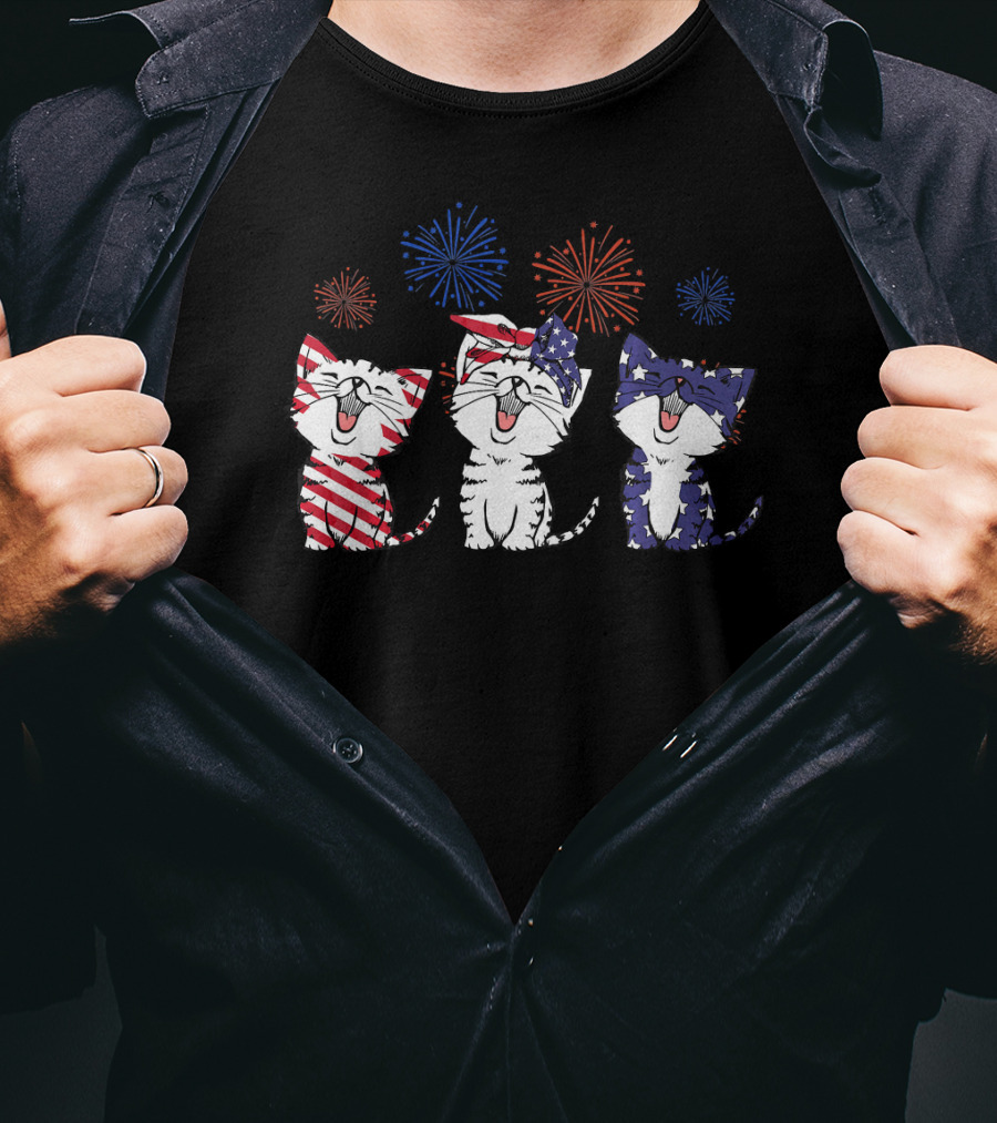 Red White Blue Cats America Celebration Fireworks T-Shirt