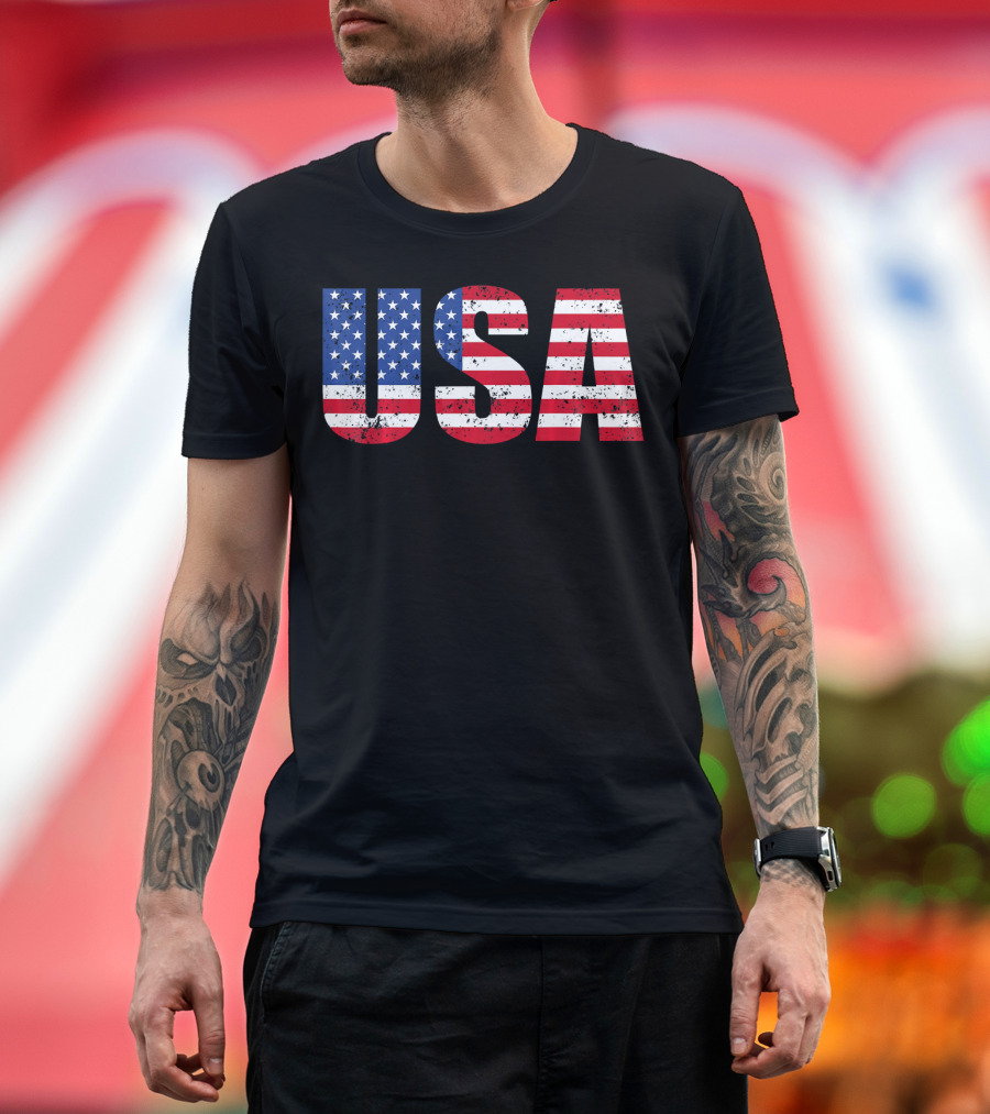USA Flag American Patriotic Stars And Stripes Bold Lettering T-Shirt