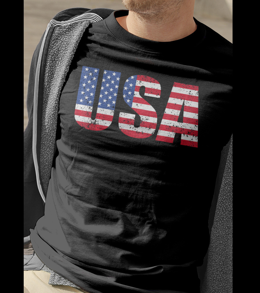USA Flag American Patriotic Stars And Stripes Bold Lettering T-Shirt
