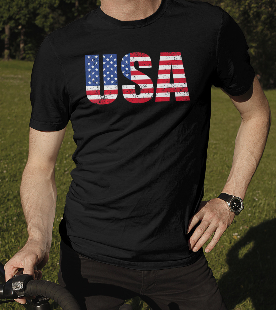 USA Flag American Patriotic Stars And Stripes Bold Lettering T-Shirt