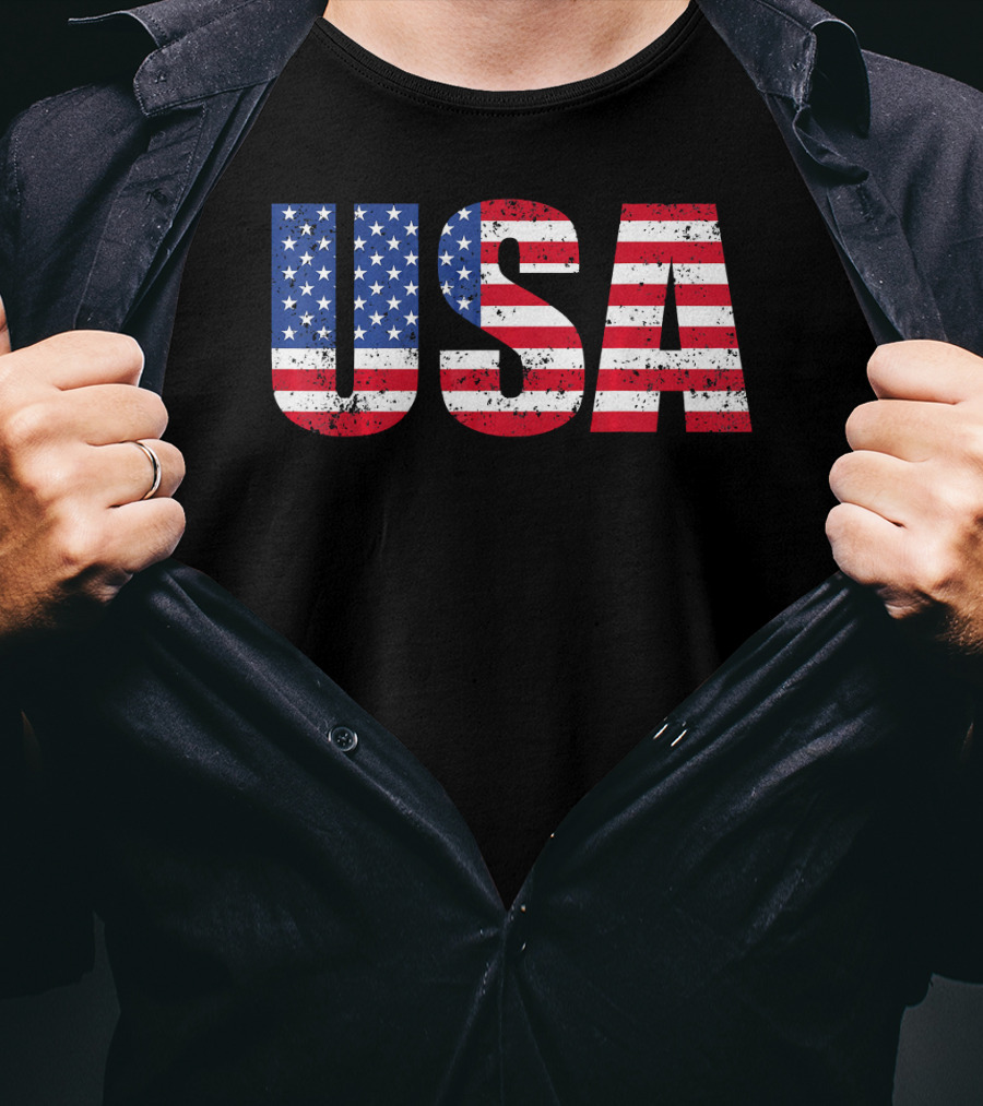 USA Flag American Patriotic Stars And Stripes Bold Lettering T-Shirt