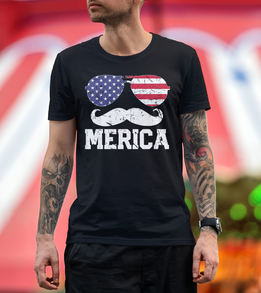 MERICA 4th of July American Flag Sunglasses and Mustache T-Shirt