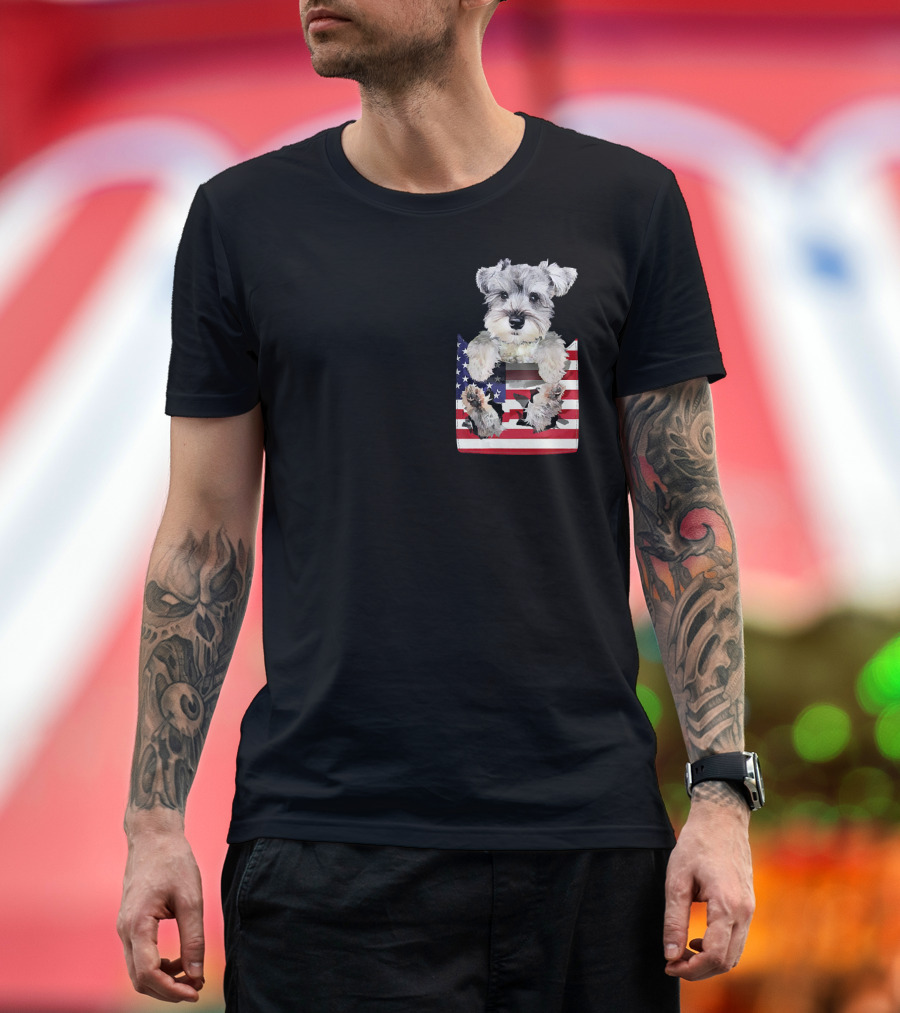Schnauzer Dog in Pocket with American Flag T-Shirt