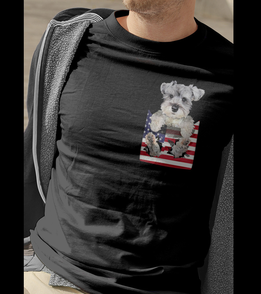 Schnauzer Dog In Pocket With American Flag T-Shirt
