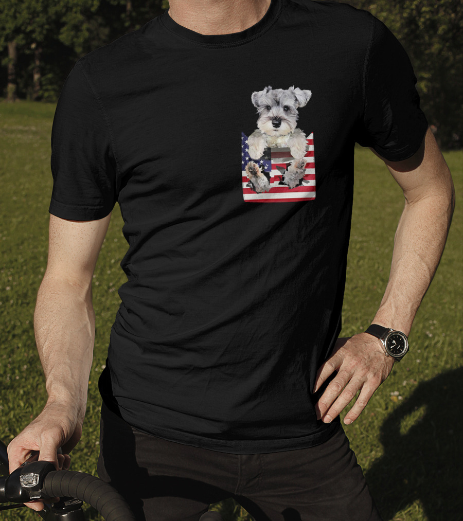 Schnauzer Dog In Pocket With American Flag T-Shirt