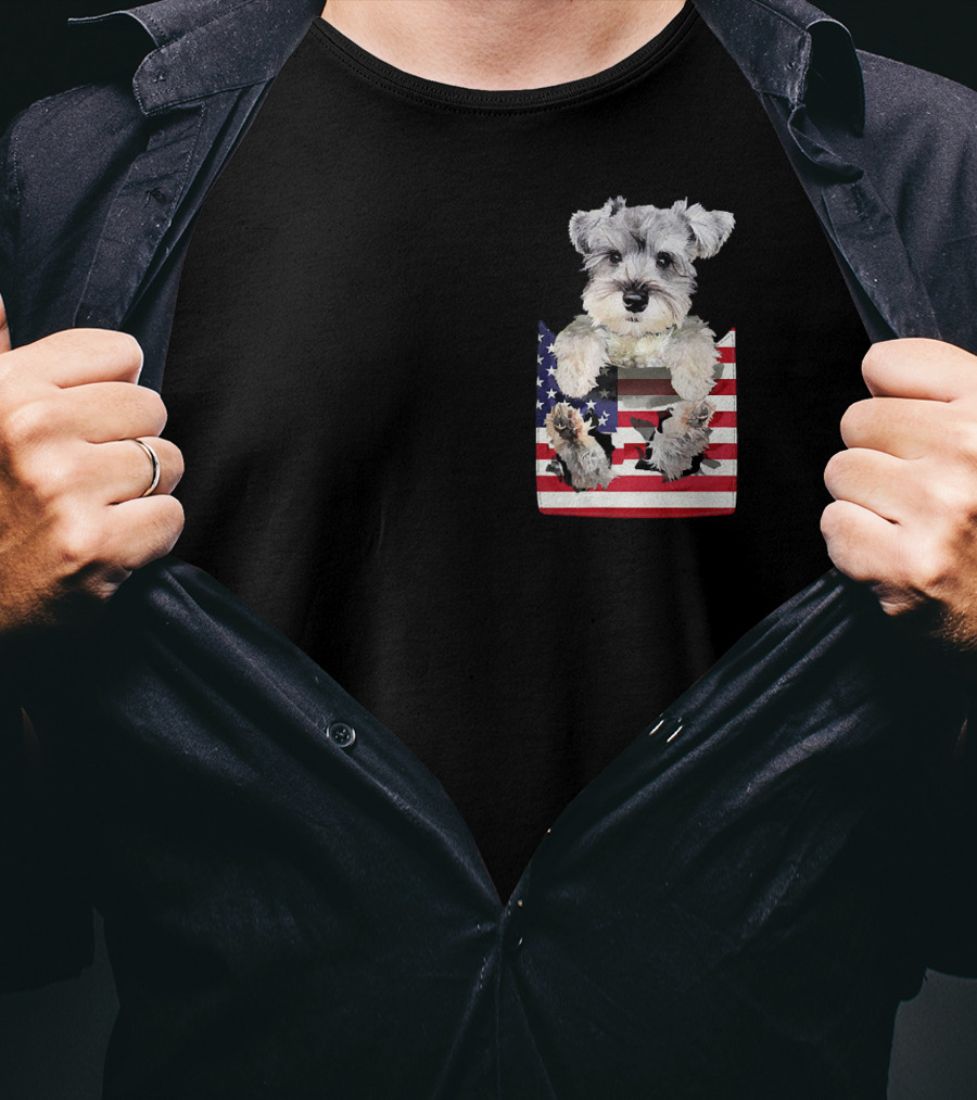 Schnauzer Dog In Pocket With American Flag T-Shirt