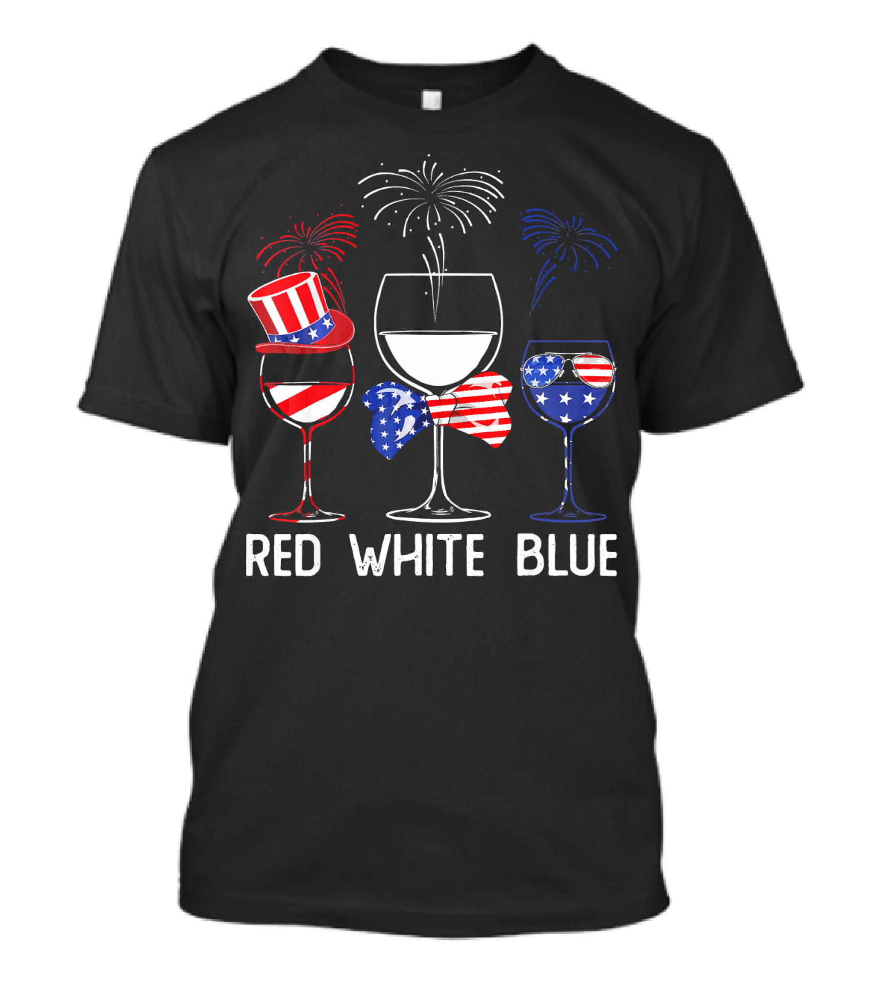 Red White Blue Wine Glasses Patriotic Fireworks USA T-Shirt