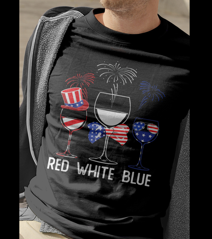 Red White Blue Wine Glasses Patriotic Fireworks USA T-Shirt