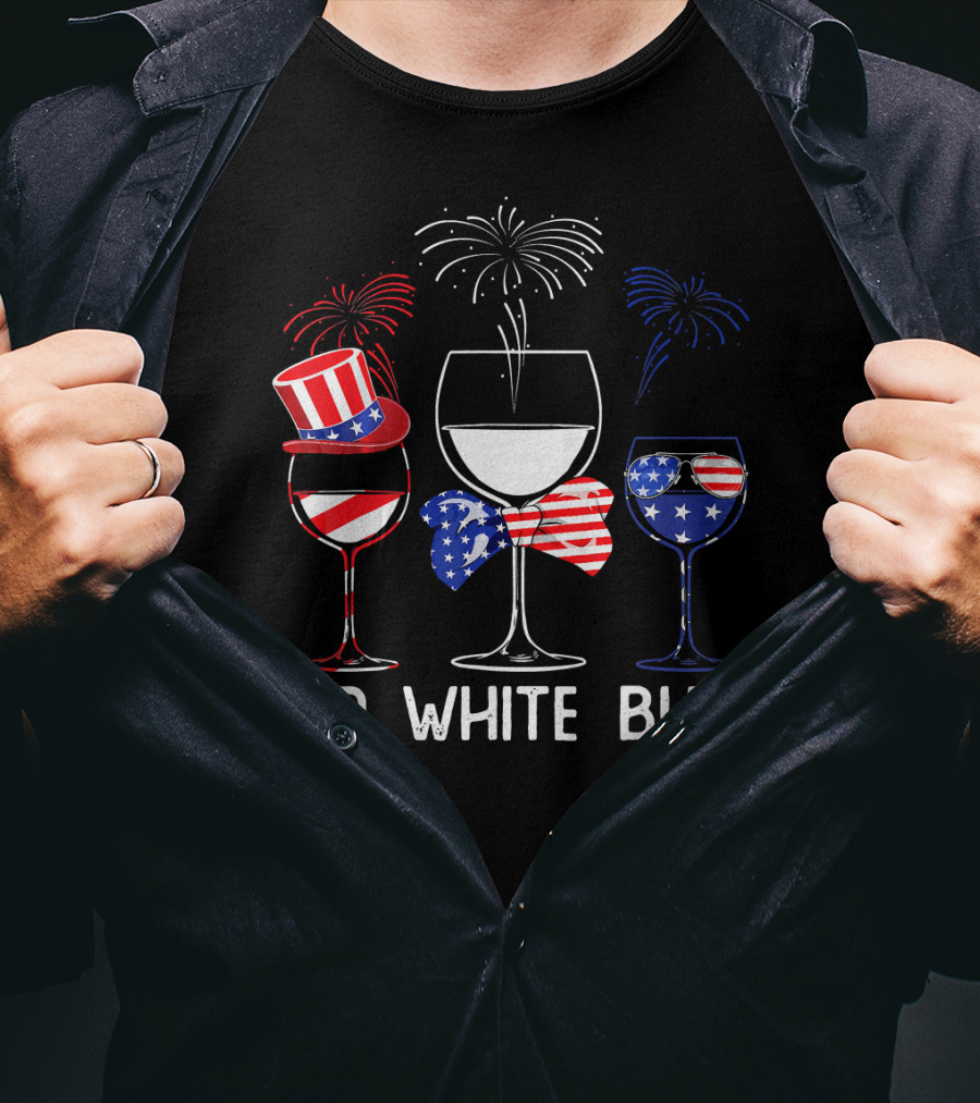 Red White Blue Wine Glasses Patriotic Fireworks USA T-Shirt