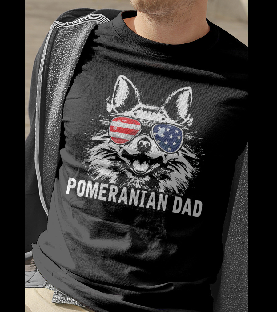 Pomeranian Dad American Flag Sunglasses T-Shirt