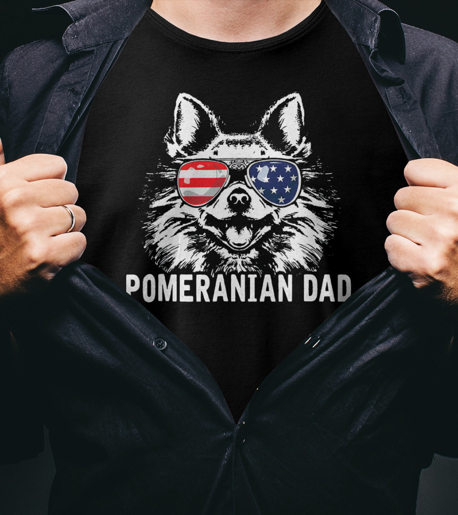 Pomeranian Dad American Flag Sunglasses T-Shirt