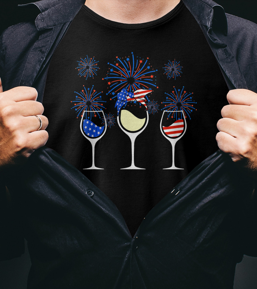 Patriotic Red White Blue Wine Glasses With Fireworks T-Shirt