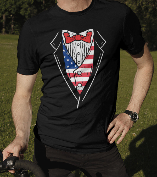 American Tuxedo Suit Stars Stripes Red Bowtie 4th Of July T-Shirt