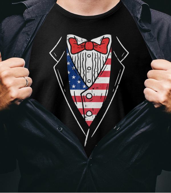 American Tuxedo Suit Stars Stripes Red Bowtie 4th Of July T-Shirt
