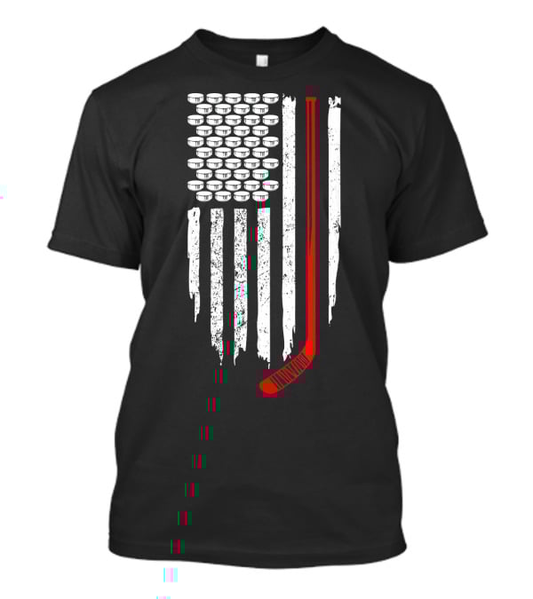 Patriotic Hockey Flag Design With Red Hockey Stick And Puck Stars T-Shirt