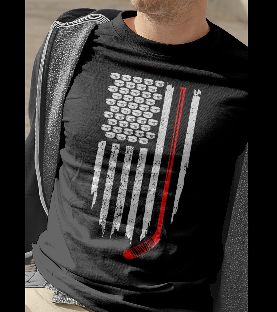 Patriotic Hockey Flag Design With Red Hockey Stick And Puck Stars T-Shirt