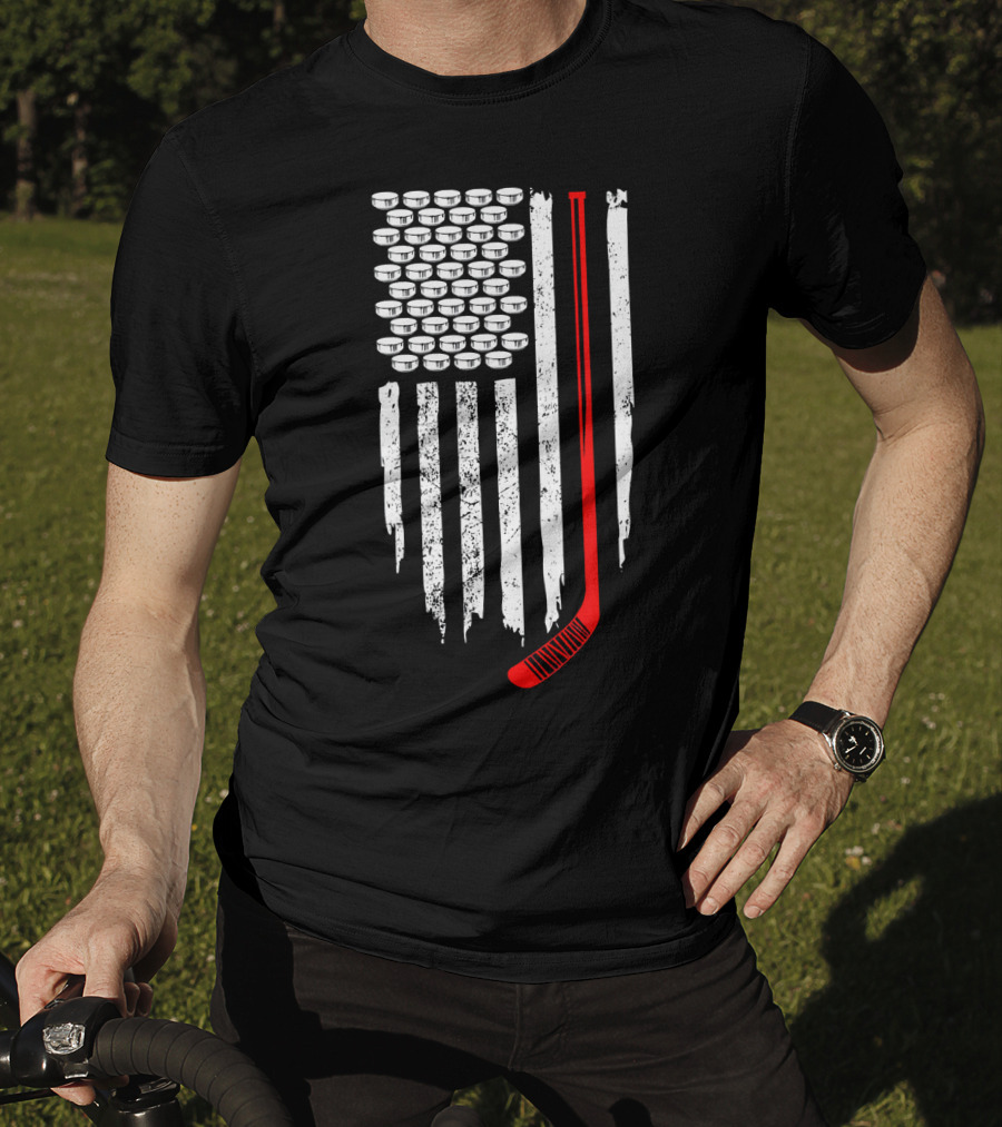 Patriotic Hockey Flag Design With Red Hockey Stick And Puck Stars T-Shirt