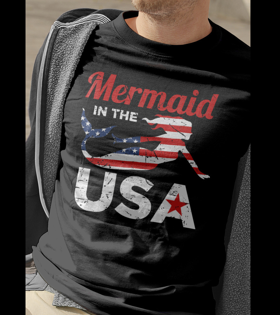 Mermaid In The USA American Flag T-Shirt