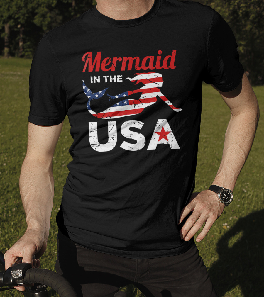 Mermaid In The USA American Flag T-Shirt