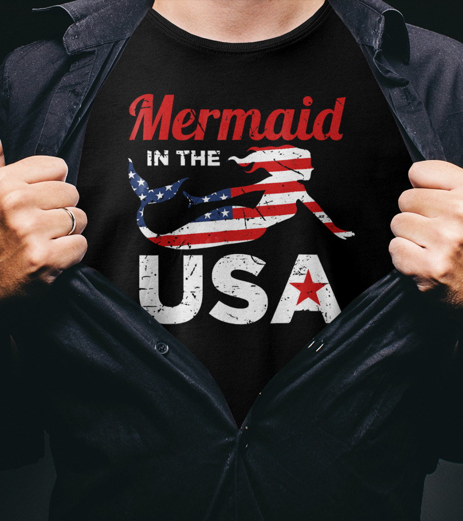 Mermaid In The USA American Flag T-Shirt