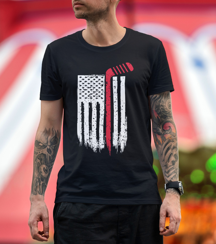 American Flag Hockey Stick Red Line 4th of July T-Shirt