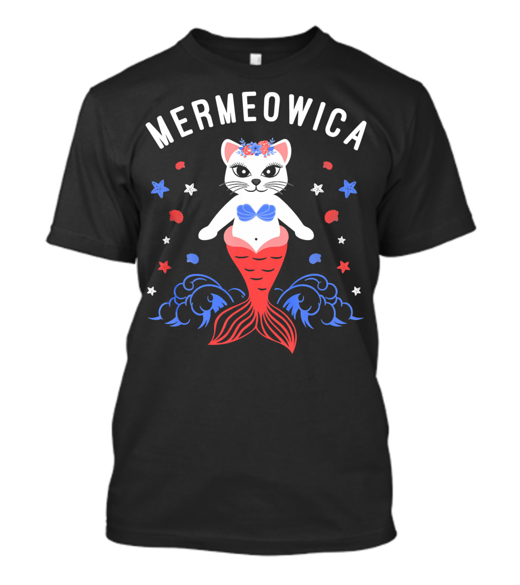 Mermeowica Patriotic Cat Mermaid With Flowers And Stars T-Shirt