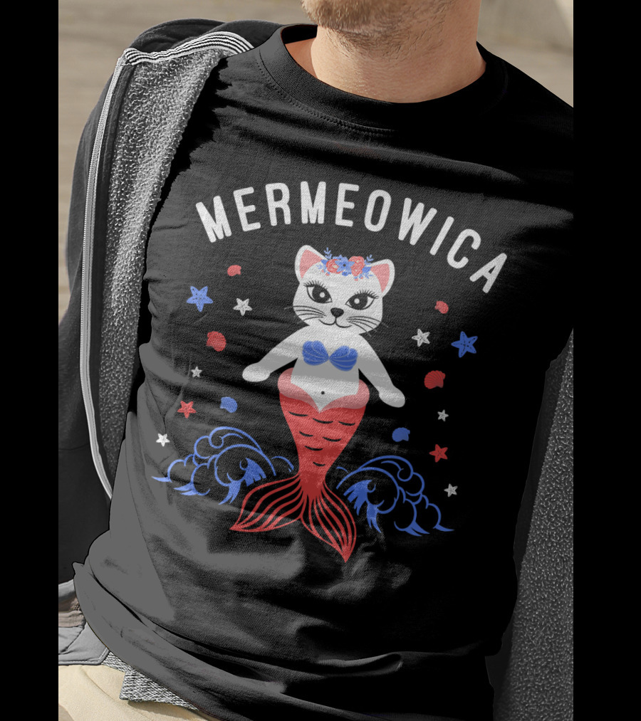 Mermeowica Patriotic Cat Mermaid With Flowers And Stars T-Shirt