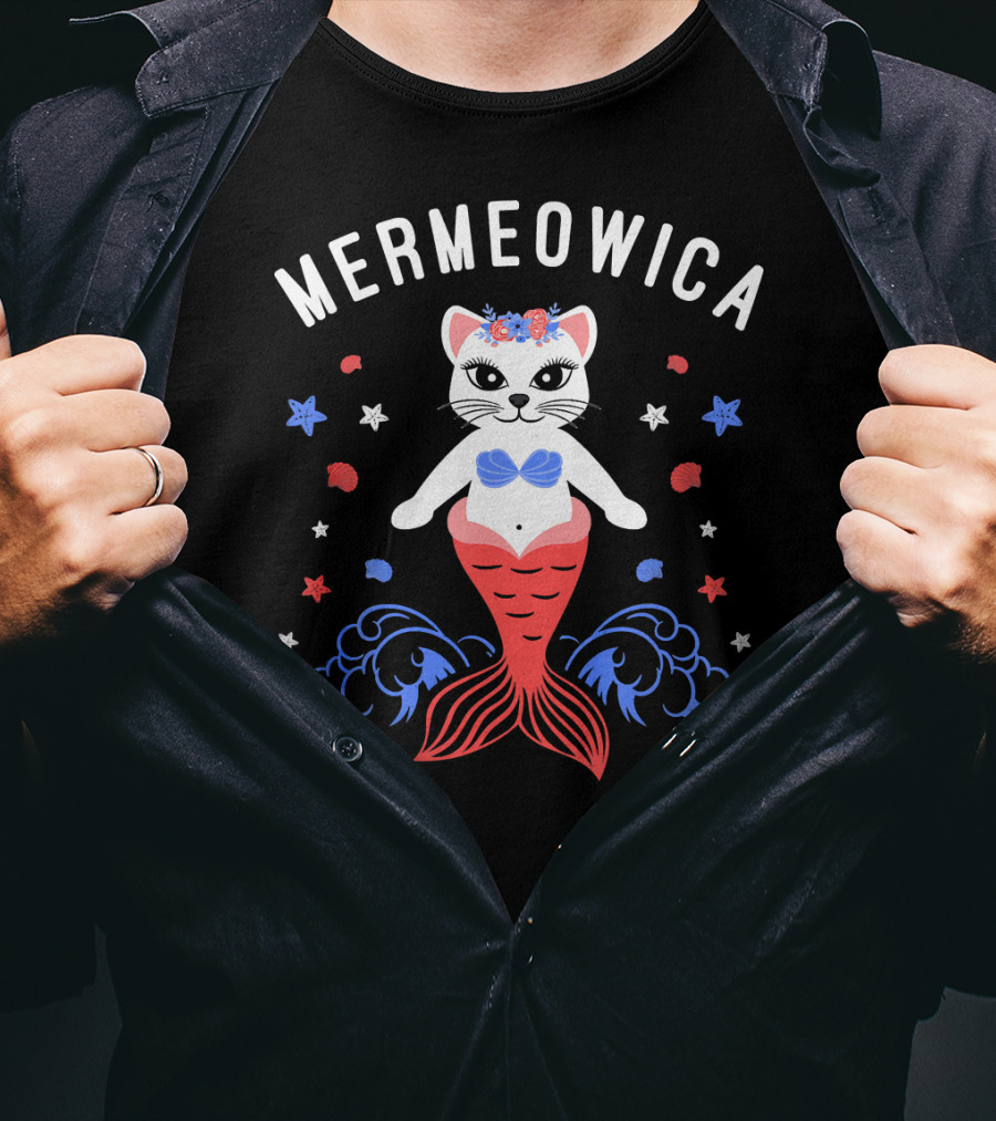 Mermeowica Patriotic Cat Mermaid With Flowers And Stars T-Shirt
