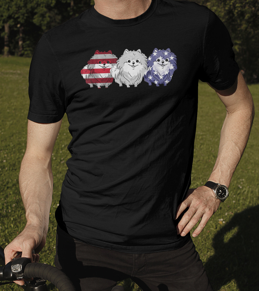 Patriotic Pomeranian Dog Lover American Flag Trio T-Shirt
