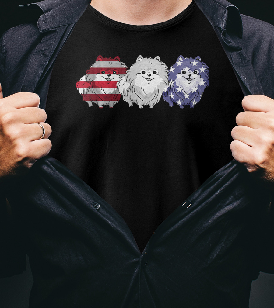 Patriotic Pomeranian Dog Lover American Flag Trio T-Shirt