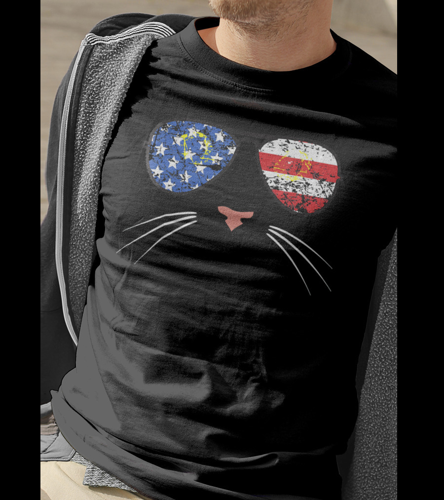 American Cat Face Stars Stripes USA Sunglasses T-Shirt