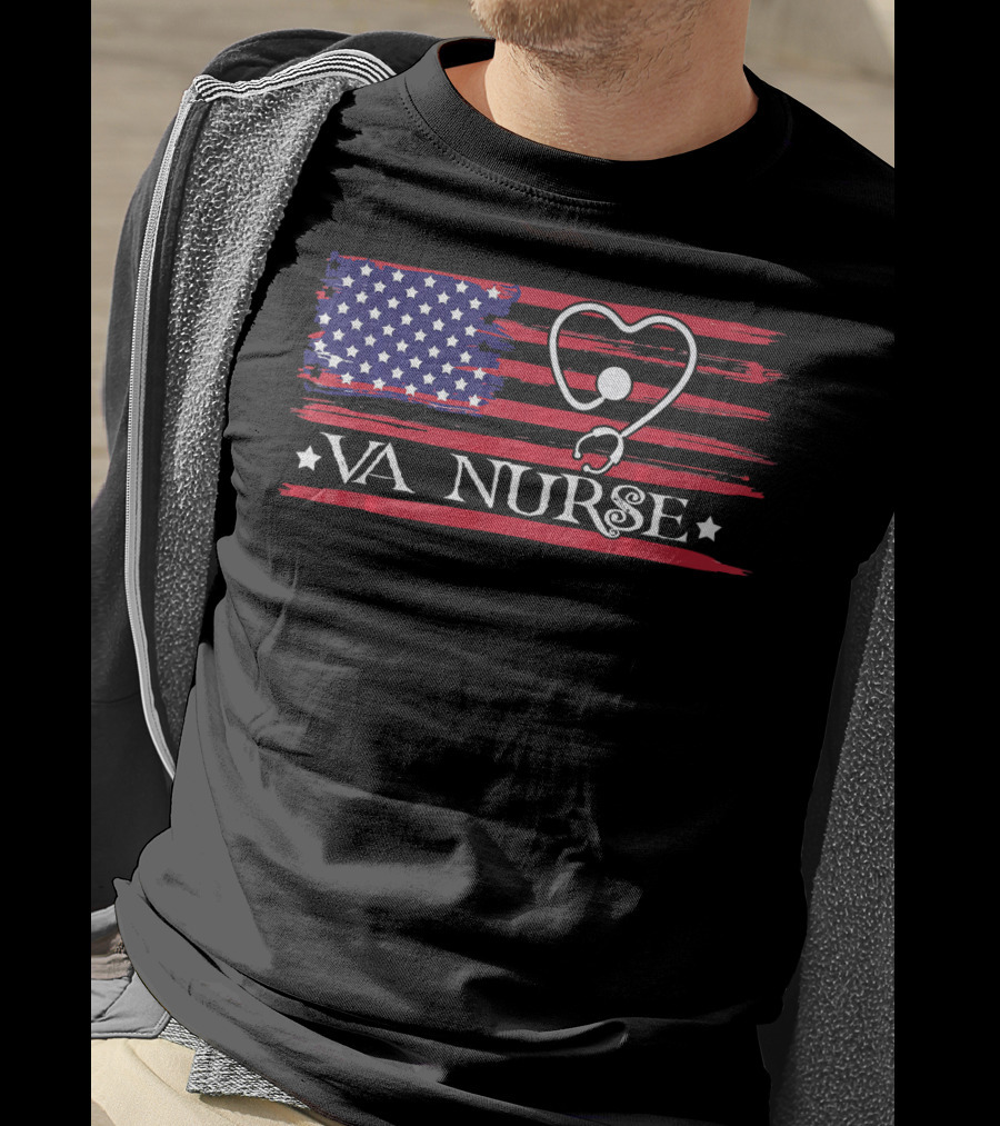 American Flag VA Nurse Heart Stethoscope Patriotic T-Shirt