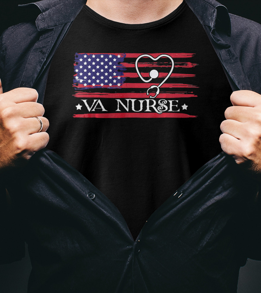 American Flag VA Nurse Heart Stethoscope Patriotic T-Shirt