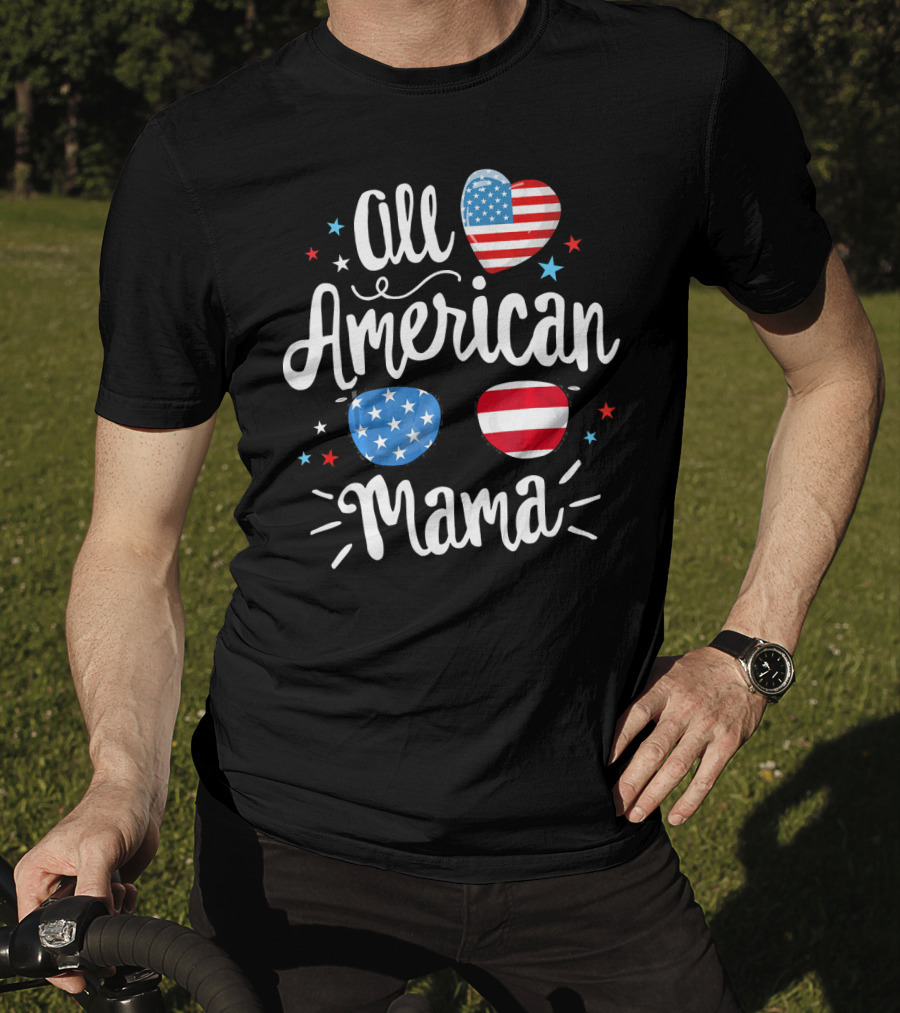 All American Mama Heart And Sunglasses With Flag Elements T-Shirt