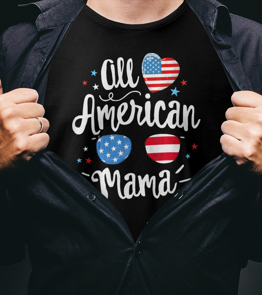 All American Mama Heart And Sunglasses With Flag Elements T-Shirt