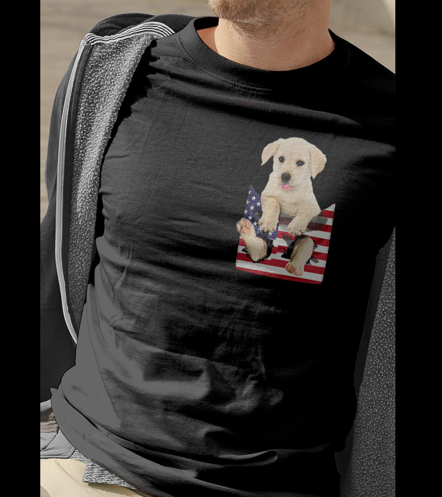 Labrador Puppy Sitting In American Flag Pocket T-Shirt