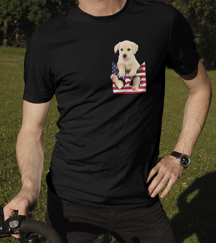 Labrador Puppy Sitting In American Flag Pocket T-Shirt