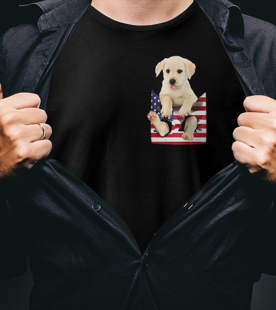 Labrador Puppy Sitting In American Flag Pocket T-Shirt