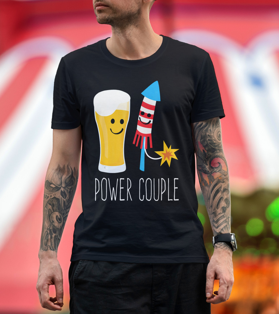 Beer And Fireworks Power Couple Smiling Glass And Rocket T-Shirt