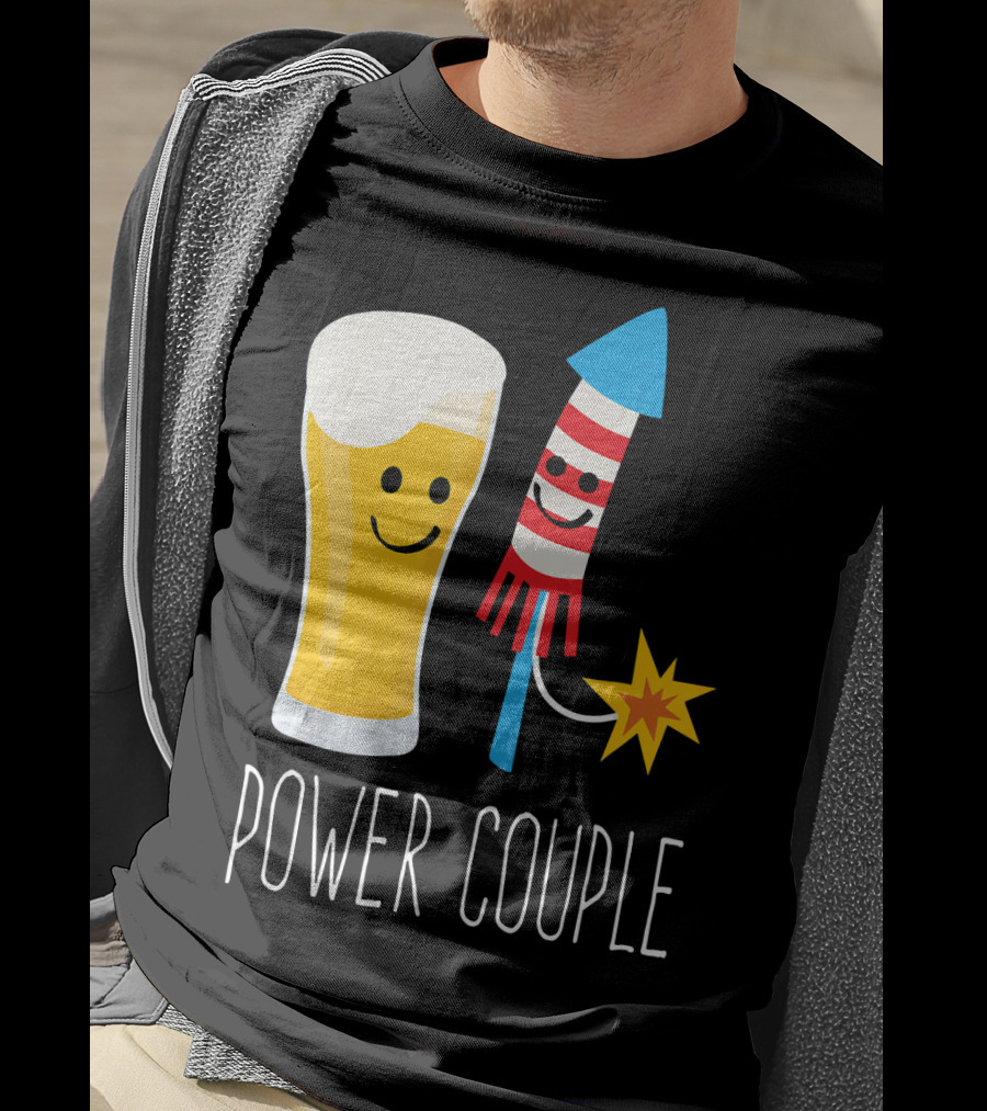 Beer And Fireworks Power Couple Smiling Glass And Rocket T-Shirt