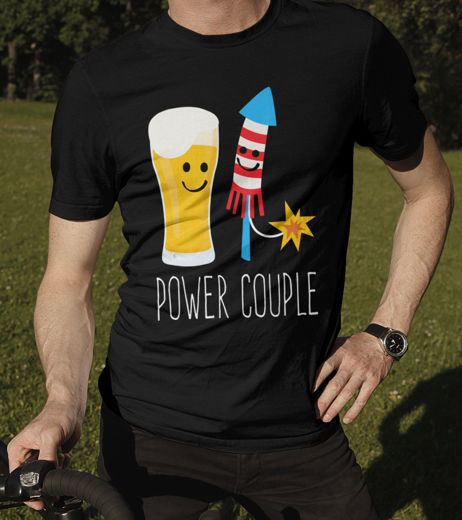 Beer And Fireworks Power Couple Smiling Glass And Rocket T-Shirt